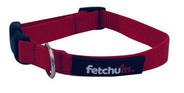 Red Dog Collar made from durable polyester featuring a quick-release buckle and D-ring.