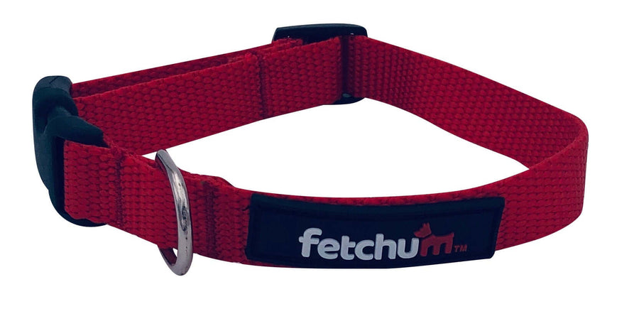 Red Dog Collar made from durable polyester featuring a quick-release buckle and D-ring.