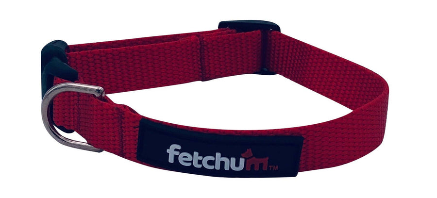 Red Dog Collar made of strong polyester webbing with quick release buckle and D ring, ideal for dogs of various sizes.