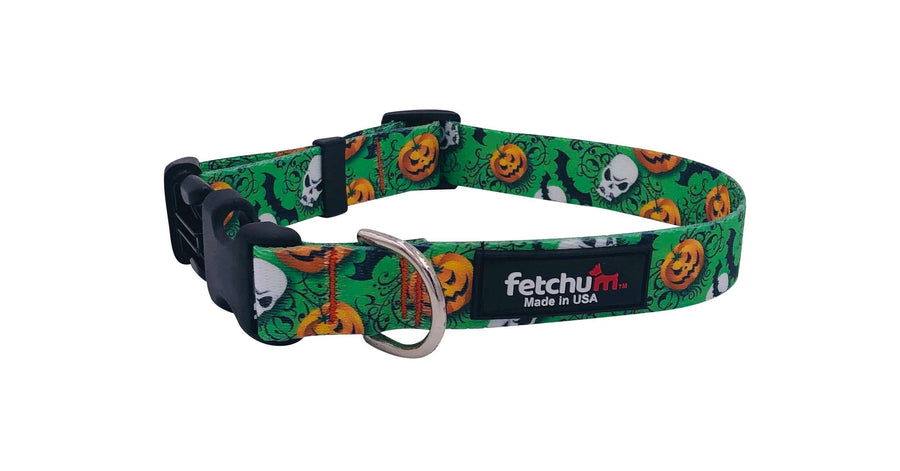 Pumpkin and Skull Dog Collar featuring vibrant patterns of pumpkins and skulls, durable and made in USA.
