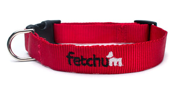 Red Collar made with durable tubular webbing featuring a quick release buckle and D ring, ideal for strong dogs.