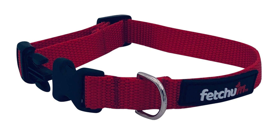 Red Dog Collar with quick release buckle and D ring, made of UV resistant polyester webbing.