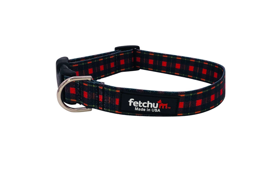 Red Plaid Collar made of durable polyester print webbing with quick-release buckle and D ring, designed for pets.