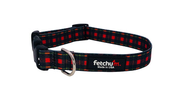 Red Plaid Collar made with durable polyester, featuring a quick release buckle and D-ring, perfect for pets.