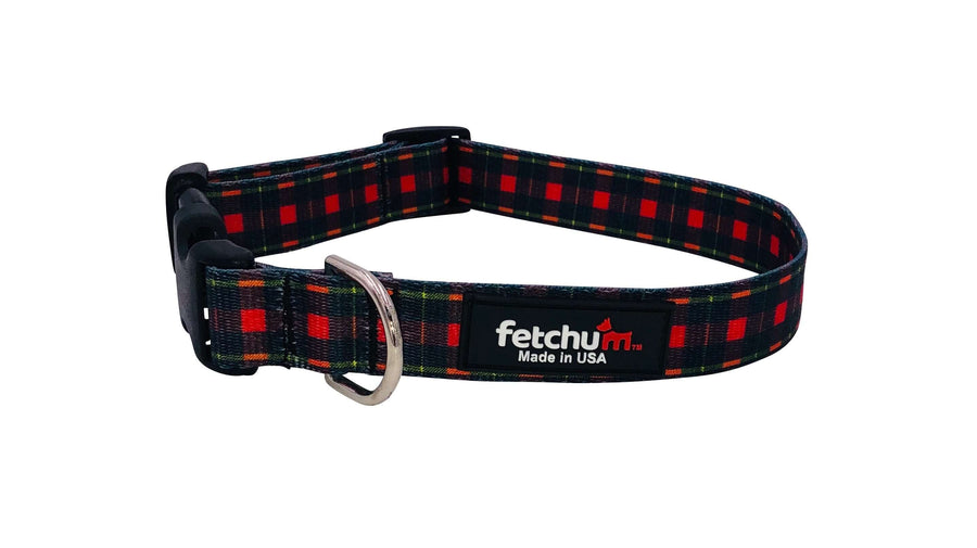 Red Plaid Collar made with durable polyester, featuring a quick release buckle and D-ring, perfect for pets.