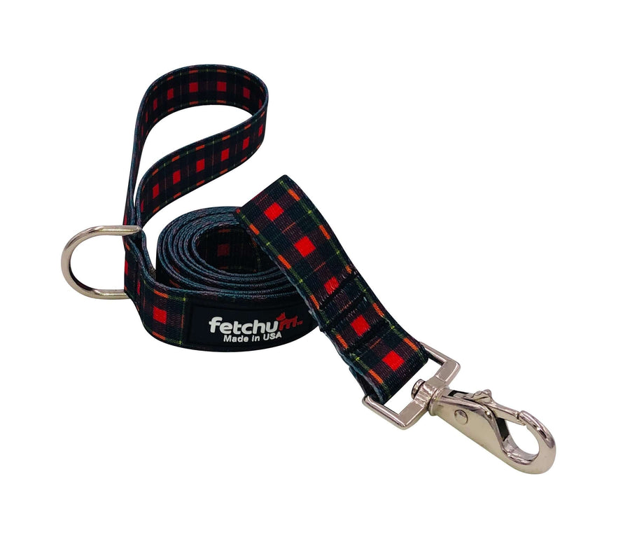 RED PLAID LEASH featuring strong polyester webbing, swivel snap, and D ring for accessories, made in USA.