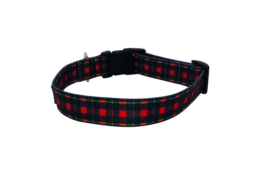 Red Plaid Collar made with durable webbing, featuring a quick release buckle and D ring.