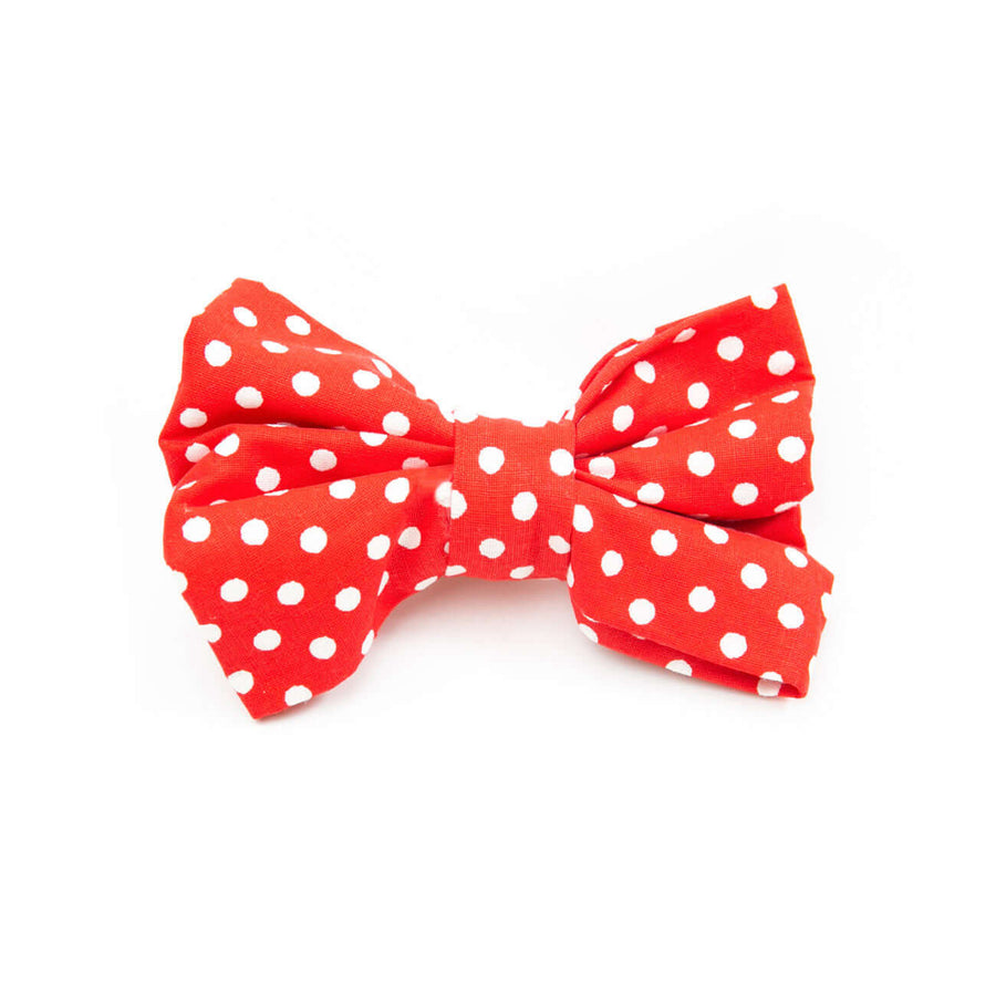 Red Polka Dot Bowtie for dogs, made of 100% cotton, easy to attach, unique pattern, machine washable.