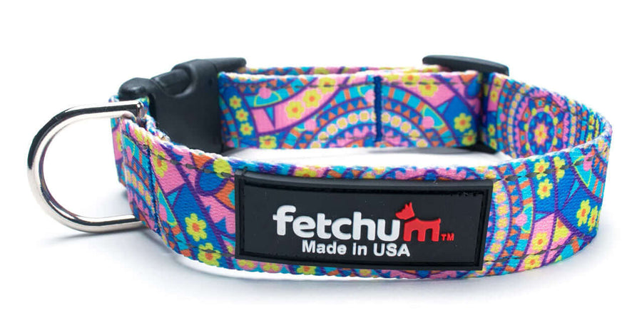 Reflective Blue Boho Collar with vibrant patterns, made in the USA, featuring premium materials for dog safety.