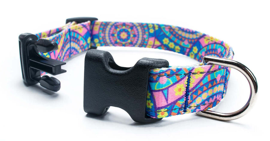 Reflective Blue Boho Collar featuring vibrant patterns, quick release buckle, and D ring for your pet's safety.