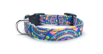 Reflective Blue Boho Dog Collar featuring vibrant patterns and durable materials, perfect for style and safety.