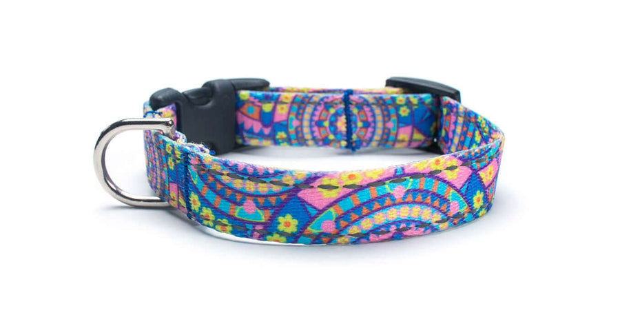 Reflective Blue Boho Dog Collar featuring vibrant patterns and durable materials, perfect for style and safety.