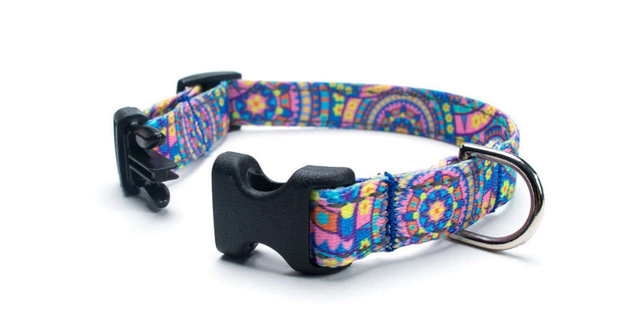 Reflective Blue Boho Dog Collar showcasing vibrant patterns, plastic buckle and metal D ring for safety and style.