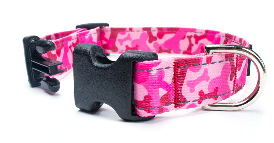 Reflective Pink Bone Camo Collar showcasing the pink camouflage design and quick release buckle.