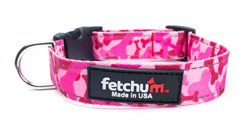 Reflective Pink Bone Camo Collar featuring vibrant pink camouflage design and quick-release buckle, made in the USA.