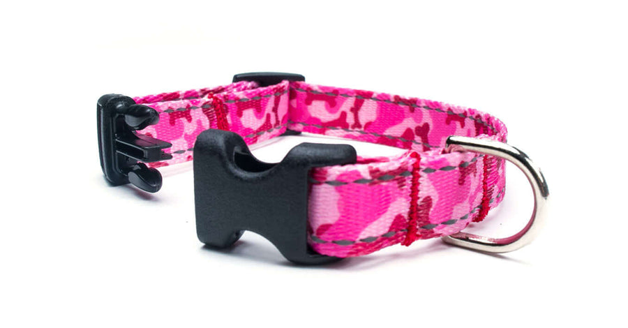 Reflective Pink Bone Camo Dog Collar with a quick release buckle and durable camo design.