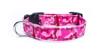 Reflective Pink Bone Camo Dog Collar featuring durable polyester webbing and reflective strips for night safety.