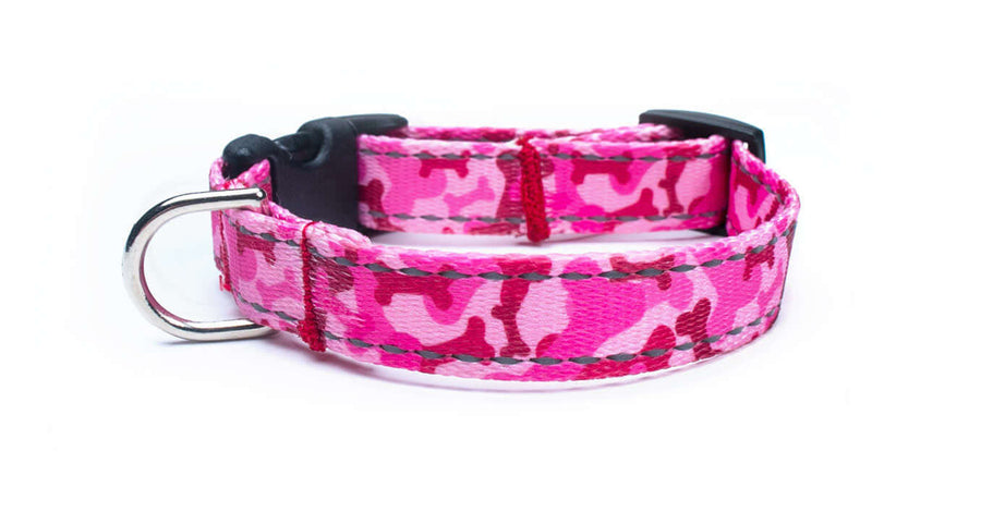 Reflective Pink Bone Camo Dog Collar featuring durable polyester webbing and reflective strips for night safety.