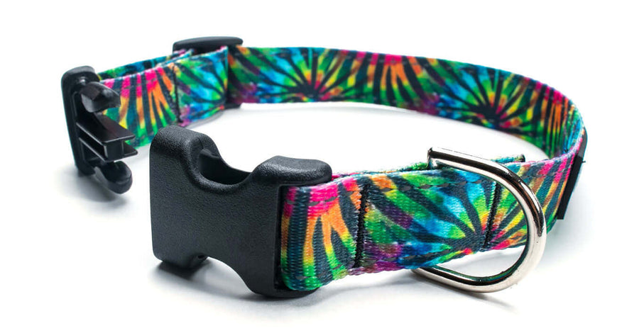Reflective Tie Dye Collar with vibrant colors, quick release buckle, and durable D ring for optimal pet safety.