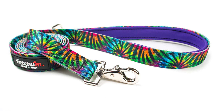 REFLECTIVE TIE DYE PADDED HANDLE LEASH featuring colorful tie dye design and ergonomic padded handle.