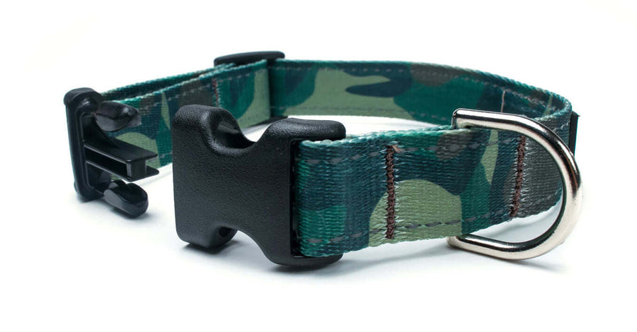 Reflective Woodland Camo Collar featuring durable polyester webbing and quick release buckle for pets.