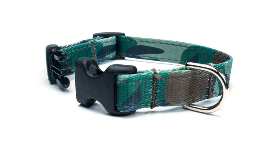 Reflective Woodland Camo Dog Collar featuring a quick release buckle and durable camo print design.
