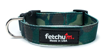 Reflective Woodland Camo Collar featuring a sturdy design and quick release buckle, made in USA.