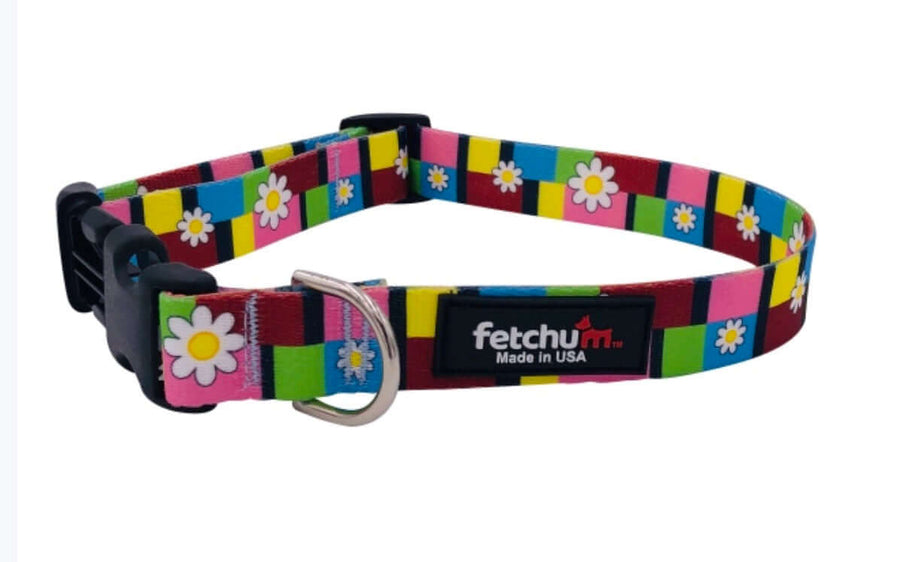 Retro Flower Collar with colorful flower and square designs, made in USA, durable and safe for pets.