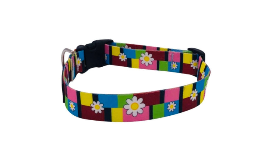 Retro Flower Collar featuring a colorful floral design with vibrant stripes, ideal for pet safety and style.