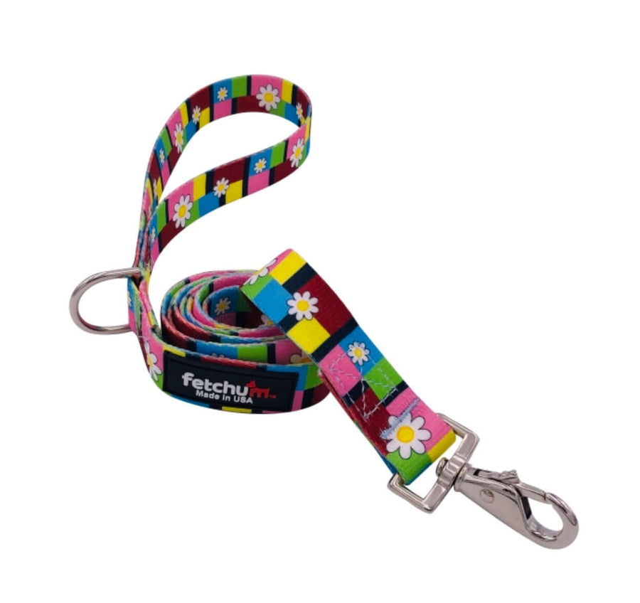 RETRO FLOWER LEASH featuring colorful floral design, durable snap, and D ring for accessories, made in the USA.