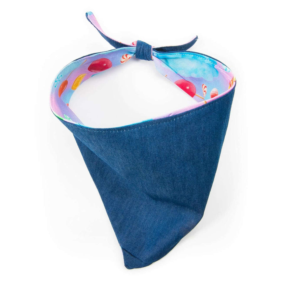 Reversible Candy Land Bandana featuring colorful candy print and denim fabric, perfect for stylish pets.