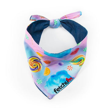 Reversible Candy Land Bandana featuring colorful candy prints and a comfortable scoop neckline for dogs.