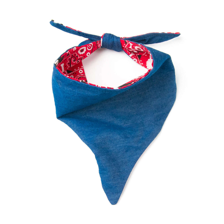 Reversible Classic Red Bandana featuring a blue outer layer and red patterned inner side, showcasing its dual style.