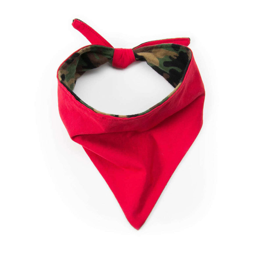 Reversible Green Camo Bandana showcasing red fabric with camouflage interior, perfect for stylish versatility.