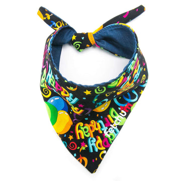 Reversible Happy Birthday Bandana featuring colorful balloons and confetti design, perfect for festive celebrations.