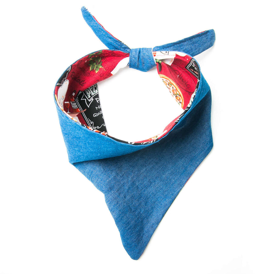 Reversible La Cucina Bandana featuring a stylish blue and red design, perfect accessory for any occasion.
