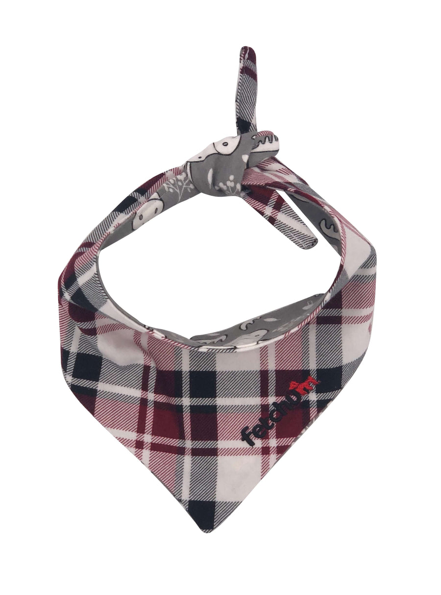 Reversible Moose/Plaid Bandana featuring a stylish plaid design in red and black colors, perfect for pet accessories.