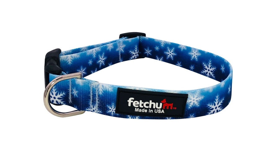 Snowflake Collar featuring blue snowflake pattern, durable polyester webbing, and quick release buckle, Made in USA.