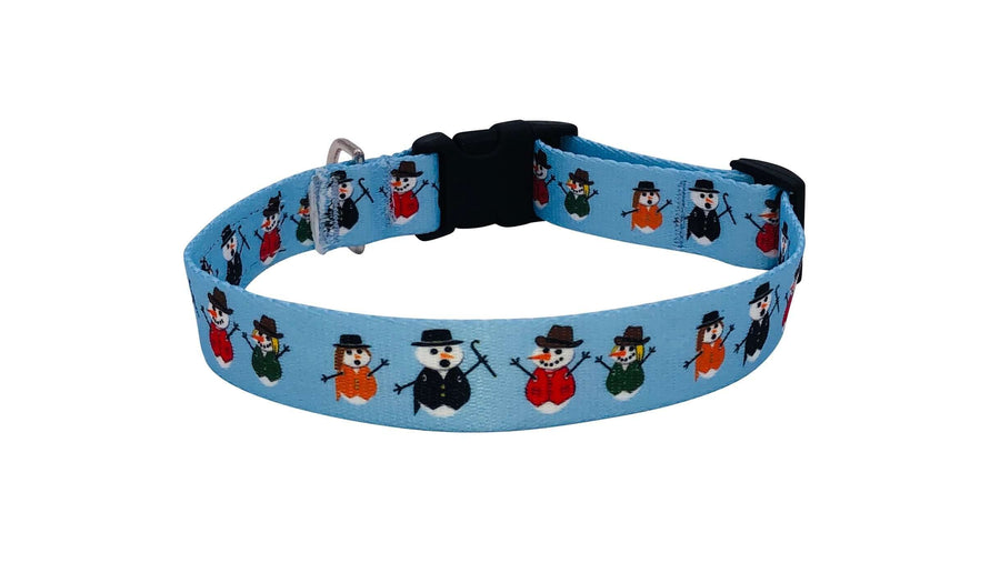 Snowman Collar featuring whimsical snowman designs on a blue background, made of durable, moisture-resistant material.