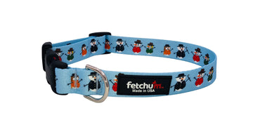 Snowman Collar featuring colorful snowman designs on durable polyester webbing, made in the USA.