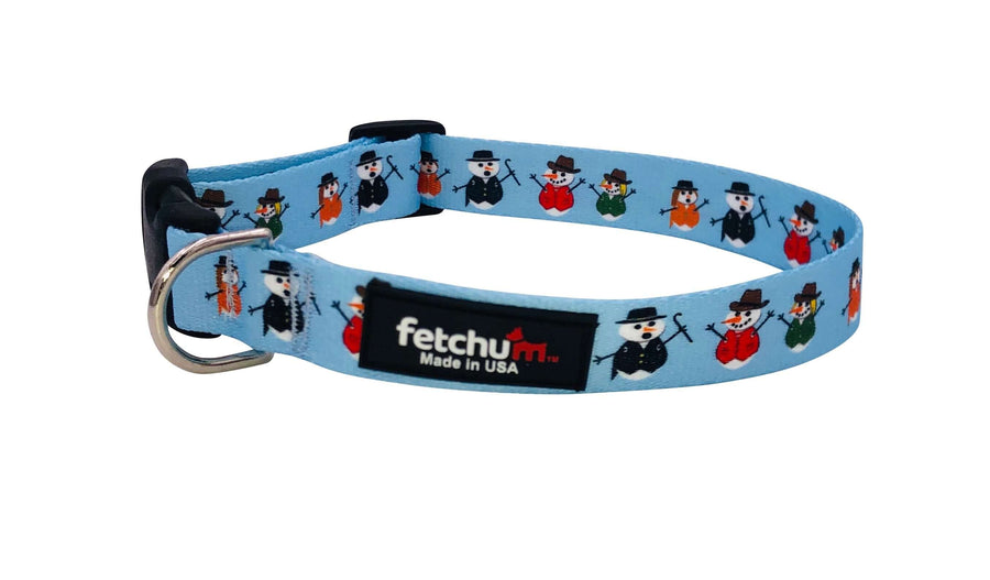 Snowman Collar featuring colorful snowman print on durable webbing, made in USA with reinforced stitching.