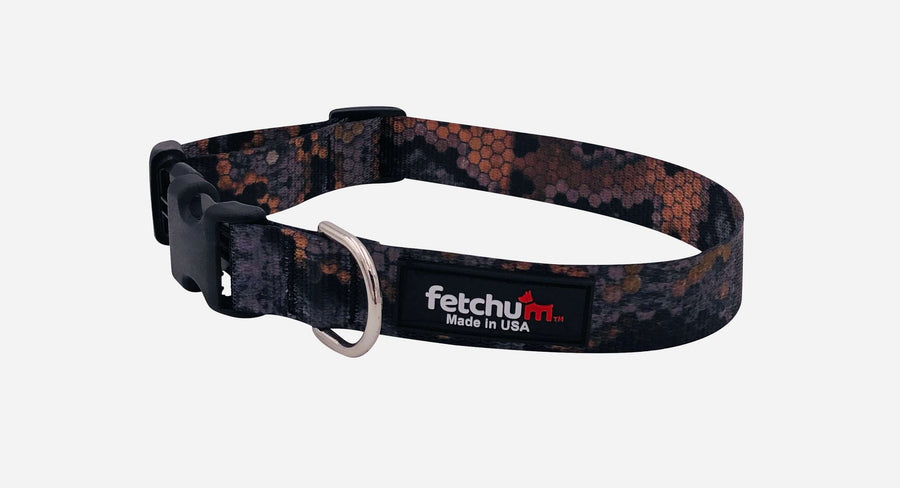 Specter Collar made of durable polyester print webbing with quick release buckle, D ring, and made in the USA.
