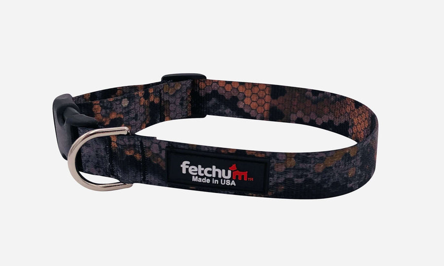 Specter Collar made with durable polyester print webbing, featuring a quick release buckle and D ring, made in the USA.