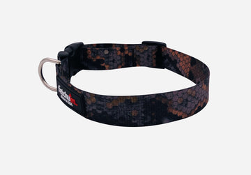 Specter Collar made with durable polyester print webbing, featuring quick release buckle and D ring.