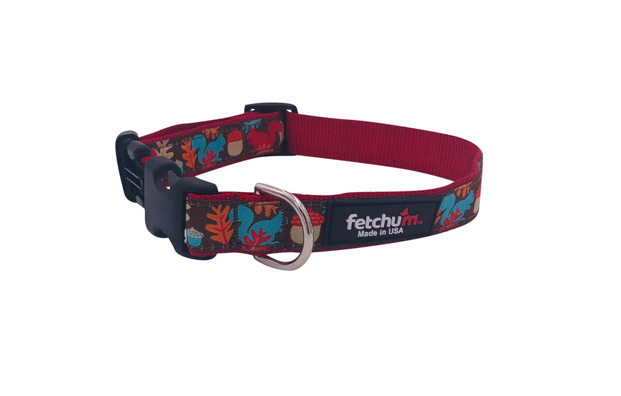 Squirrel Collar featuring colorful design, made with durable nylon webbing, designed for strength and comfort, made in the USA.