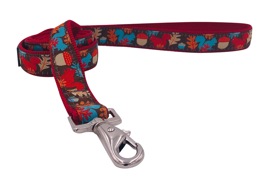 SQUIRREL LEASH with colorful squirrel and acorn design, featuring a sturdy swivel snap and comfortable grip.