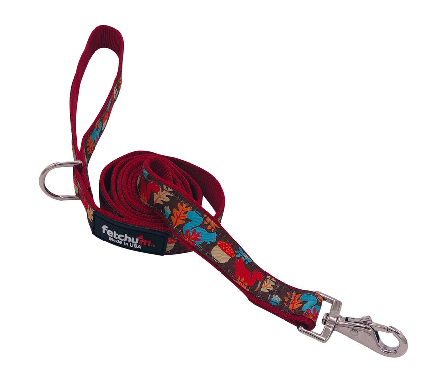 SQUIRREL LEASH in red with colorful squirrel patterns, featuring a swivel snap and D ring, lightweight and durable.