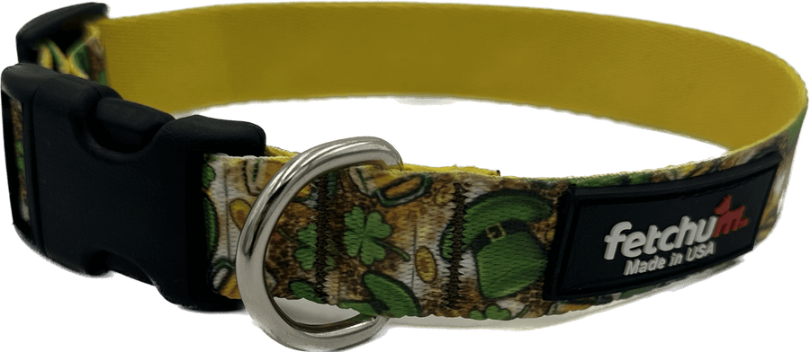 St. Paddys Cold One Dog Collar featuring a colorful design, quick-release buckle, and durable materials, made in the USA.