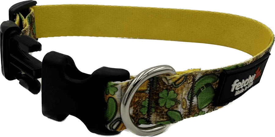 St. Paddys Cold One Dog Collar featuring colorful shamrock design with yellow webbing and quick-release buckle.