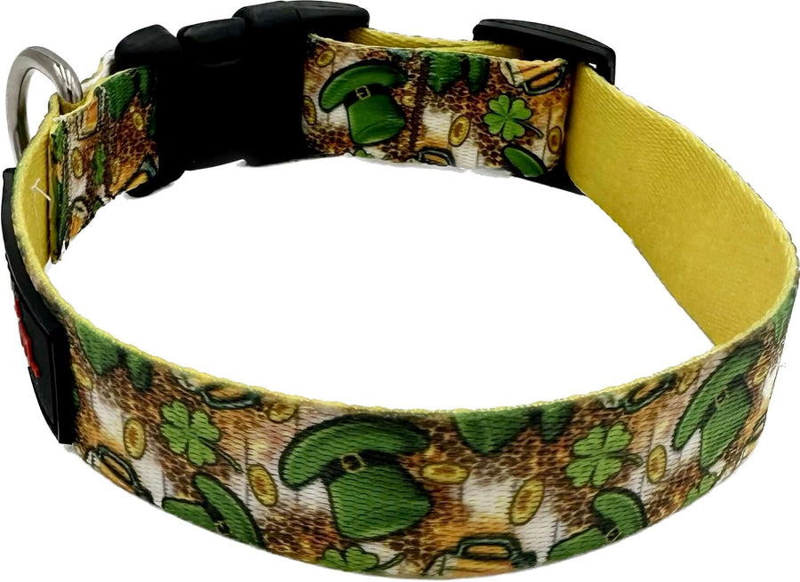St. Paddys Cold One Dog Collar featuring festive design with shamrocks and a leprechaun hat, made with durable materials.